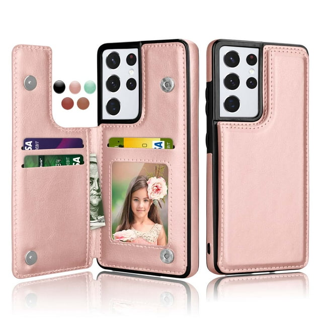 Cases for Galaxy S21 S21+ S21 Ultra 5G, Njjex Leather Flip Wallet Card Holder Case Cover for Samsung Galaxy S21 21+ S21 Plus S21 Ultra 5G 2021, Rose Gold