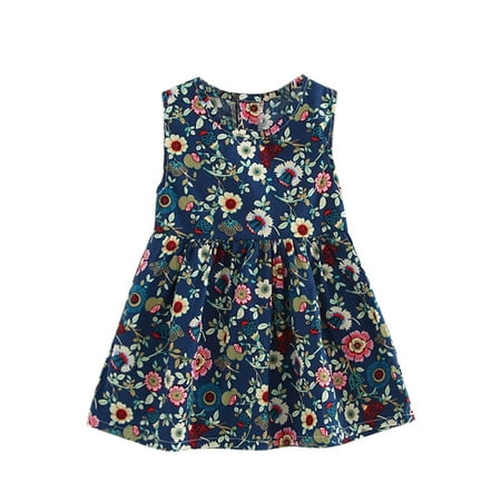 

NECHOLOGY Sleeveless Party Dress Sleeveless Kids Flowers Dress Summer Print Girls Sundress Princess Children Girls Summer Dress Dress Dark Blue 3-4 Years
