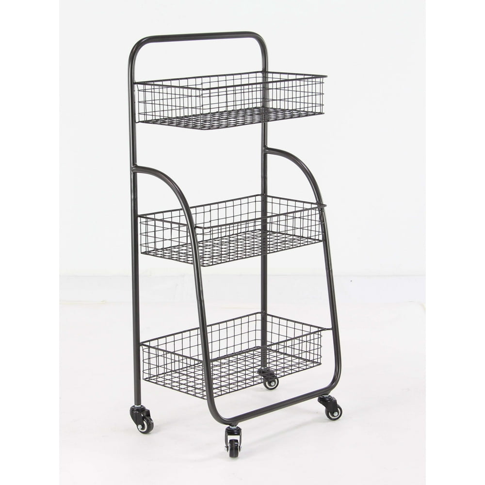 Decmode 3Tier Black Metal Rolling Cart, 18" x 36"