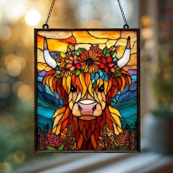 Rustic Highland Cow Acrylic Suncatcher, Faux Stained Glass Farm Animal Window Decor, Country Gift for Her or Mum, Kitchen Hanging Decor