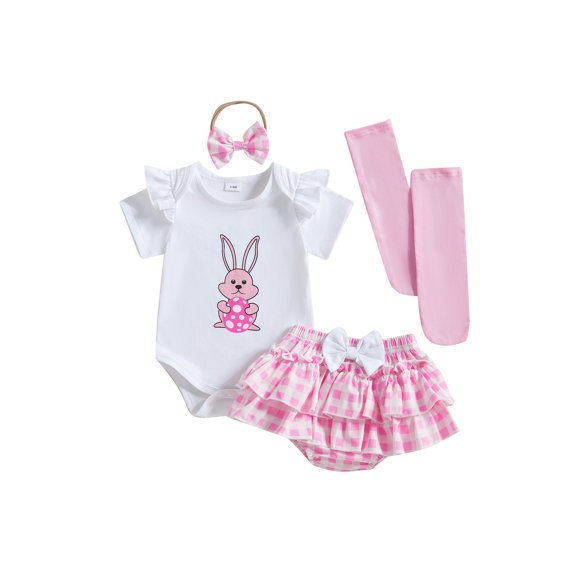 My First Easter Baby Girl Outfit Bunny Eggs Short Sleeve Romper Layered Ruffle Bloomers Tutu Skirt Shorts Socks Headband 4Pcs Cute Clothes Set