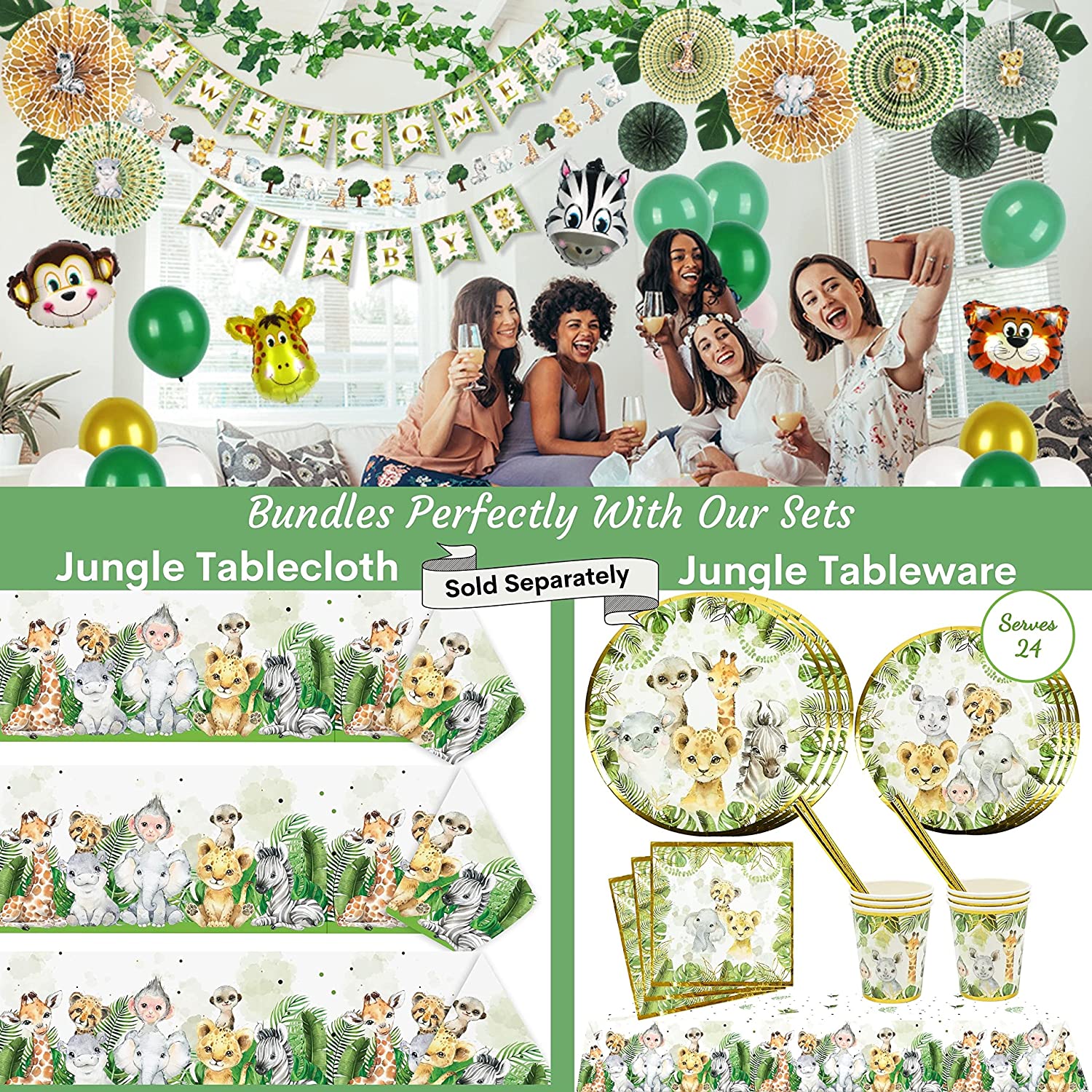 153 Pc Jungle Safari Baby Shower Invitations For Boy Or Girl With Envelopes, Baby Thank You Cards, Book Request Cards, Diaper Raffle Box With Ticket & Sign, Guess How Many Baby Shower Game