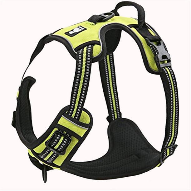 Arnés reflectante ajustable para perros para disuadir los tirones, chaleco de nailon resistente para mascotas para uso en el coche (verde amarillento, L)