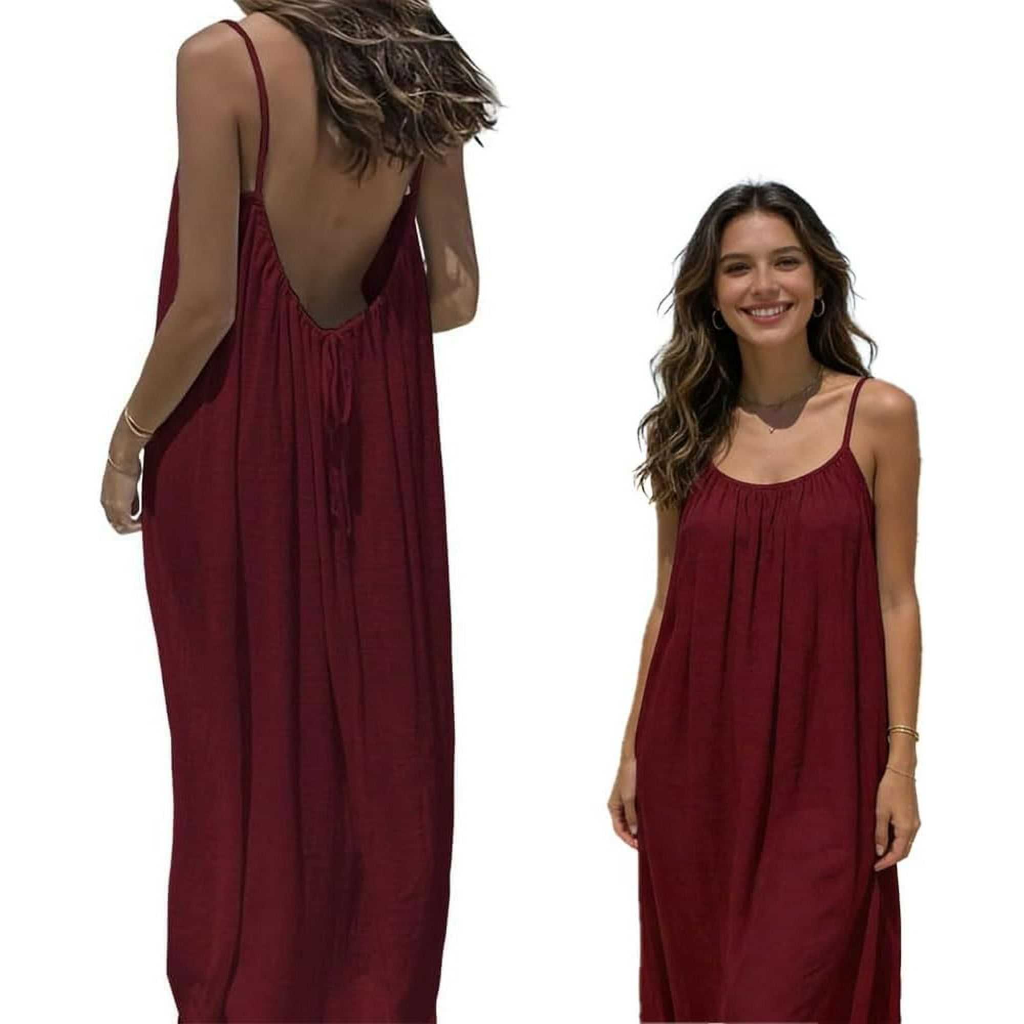 Yusong Womens Solid Color Backless Cami Dress, Spaghetti Strap Beach Maxi Dress Loose Flowy Sundress