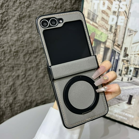 Vintage PU Leather Case for Samsung Galaxy Z Flip 7, with Hinge Protection, Rotating Magnetic Ring Kickstand, Slim Drop-Proof Hard PC Phone Cover, Classic Style Protective Case, Gray
