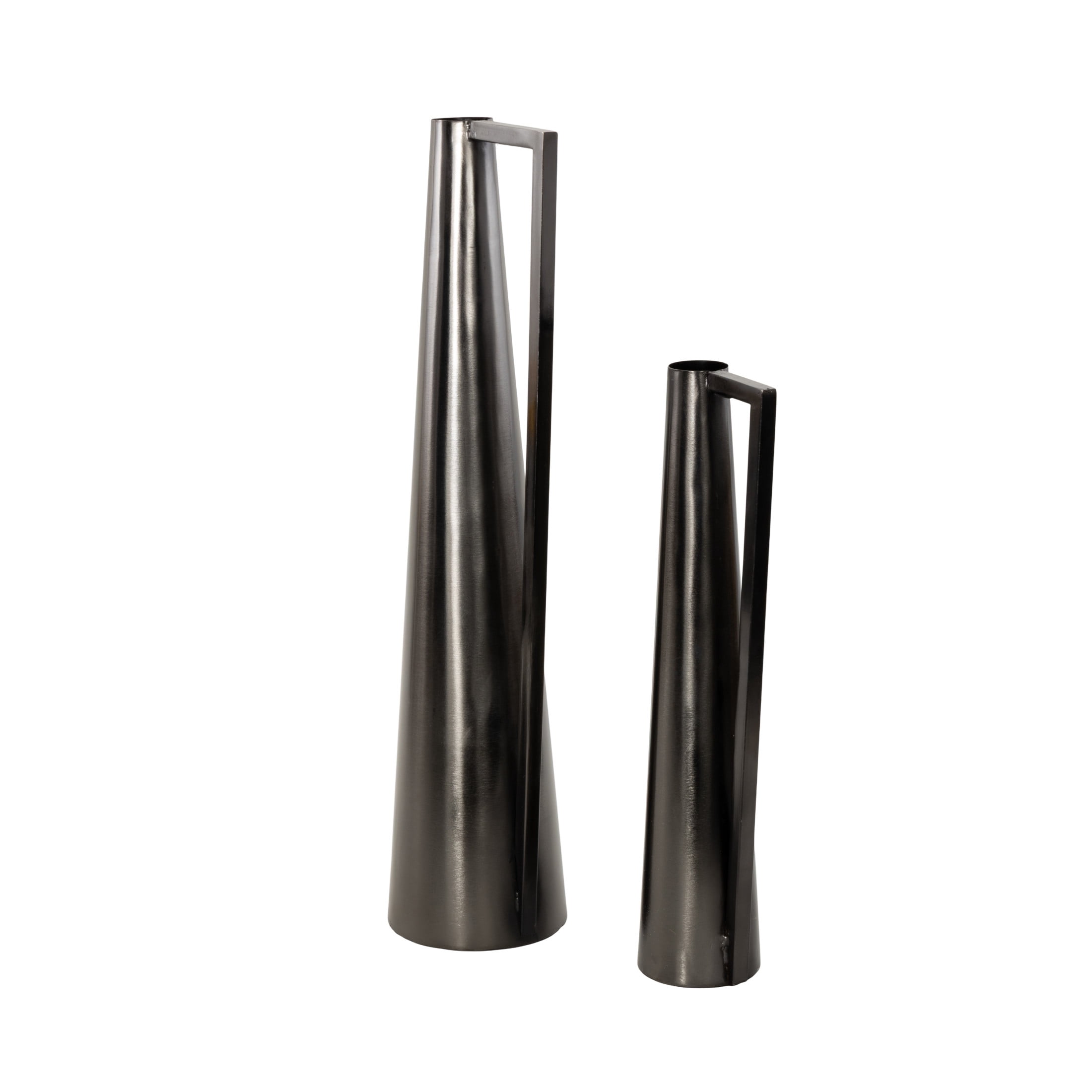 DecMode 17", 22"H Slim Cone Dark Gray Metal Vase with Extended Handles, Set of 2