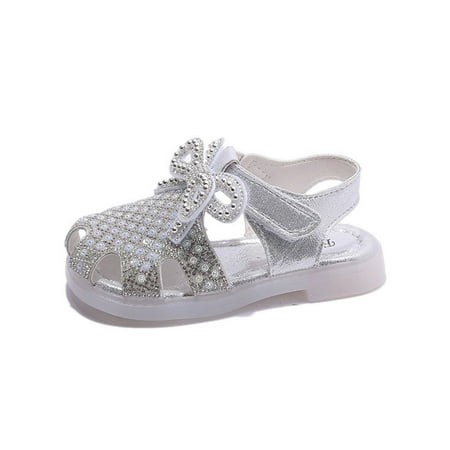 

Daeful Girls Flat Sandals Summer Princess Shoes Beach Dress Sandal Wedding Comfort Rhinestone Bowknot Silver 6C