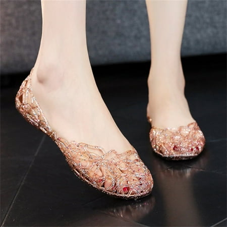 Hvyesh Flat Sandals for Women Dressy Summer  Summer Hollow Out Flat Sandals Casual Shoes Crystal Plastic Jelly Shoes Size 6.5