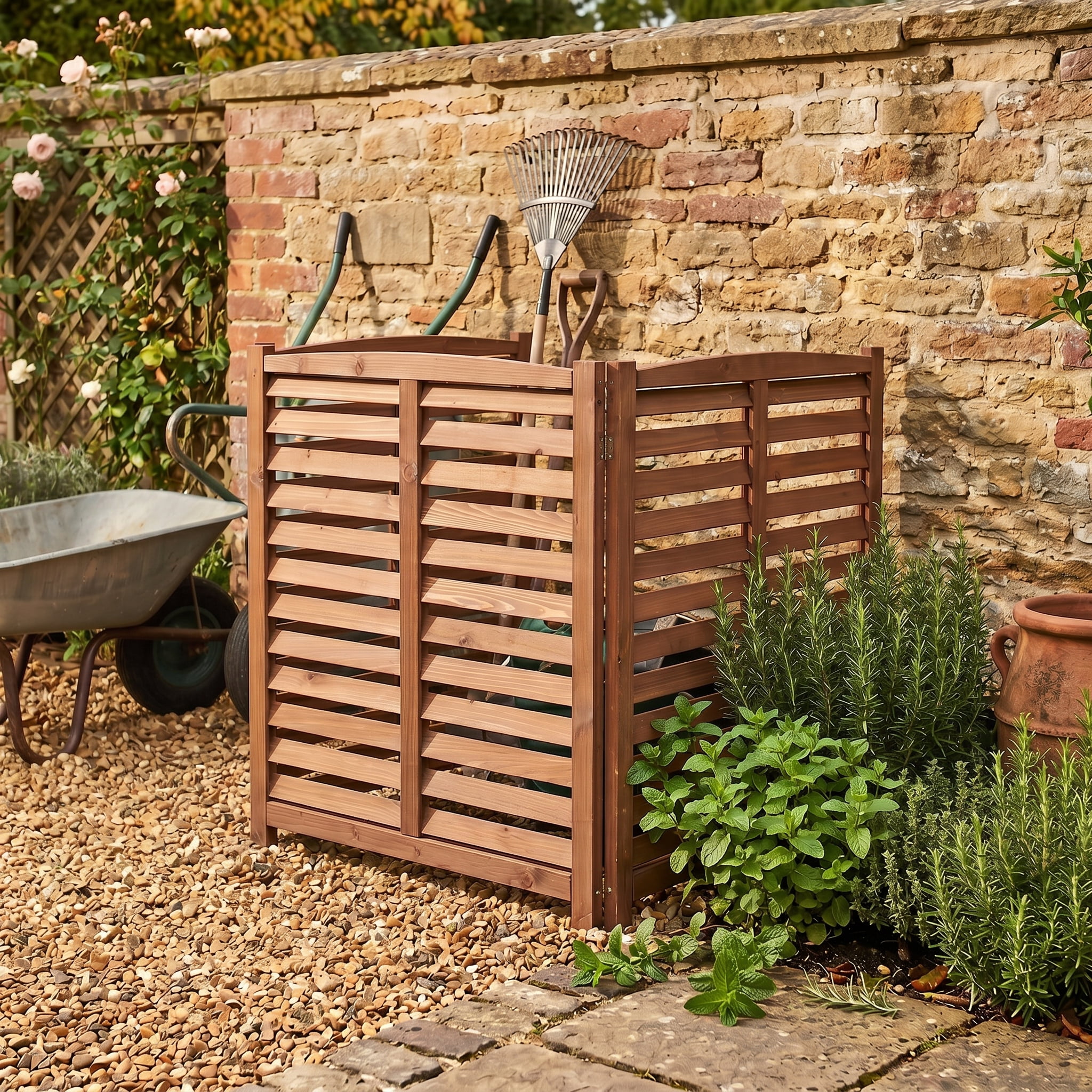 3-Panel Solid Wood Privacy Screen Fence 32×38 Inch, Outdoor Freestanding Air Conditioner Enclosure with Slatted Ventilation for Trash Can Pool Pump Garden Decor