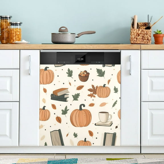 Yayeee Magnetic Dishwasher Cover for The Front Decoration Home Kitchen Machine Sticker Protector, Beige Fall Leaves