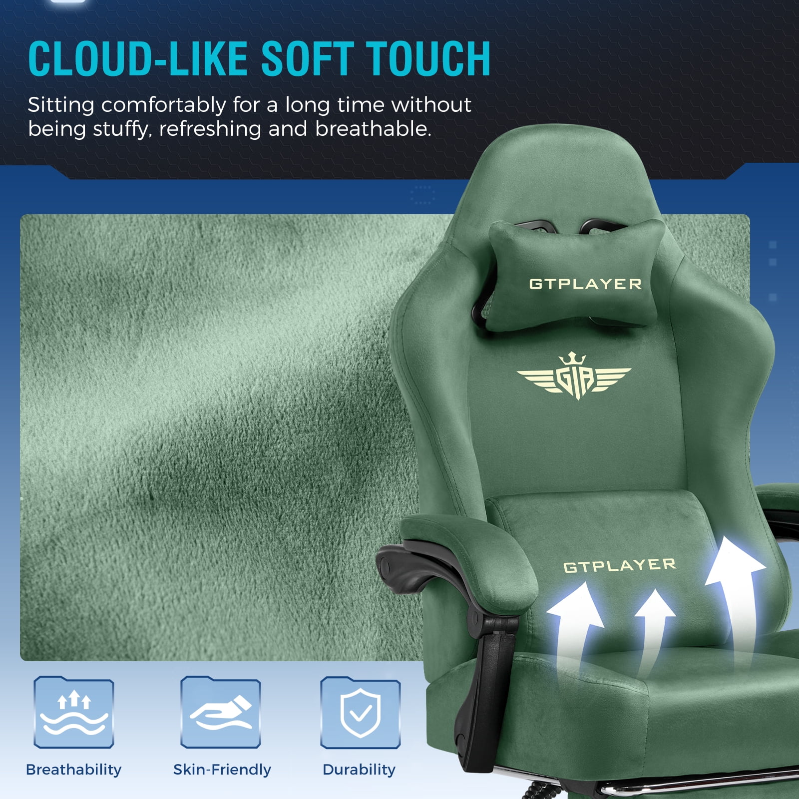 GTPLAYER Big & Tall Fabric Swivel Gaming Office Chair with Pocket Spring Cushion and Footrest, Green