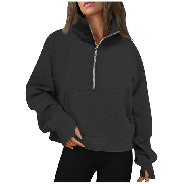 Womens Half Zip Hoodies Plus Size Fleece Sweatshirt Thumb Hole Cropped Pullover Fall Winter Tops