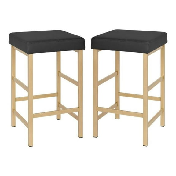Home Square 26" Backless Stool in Gold and Black Faux Leather - Set of 2
