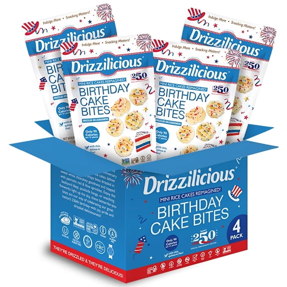 Drizzilicious Mini Rice Cakes, Birthday Cake America’s 250th Anniversary Edition, Gluten Free Rice Crisps Snacks, 4-Pack