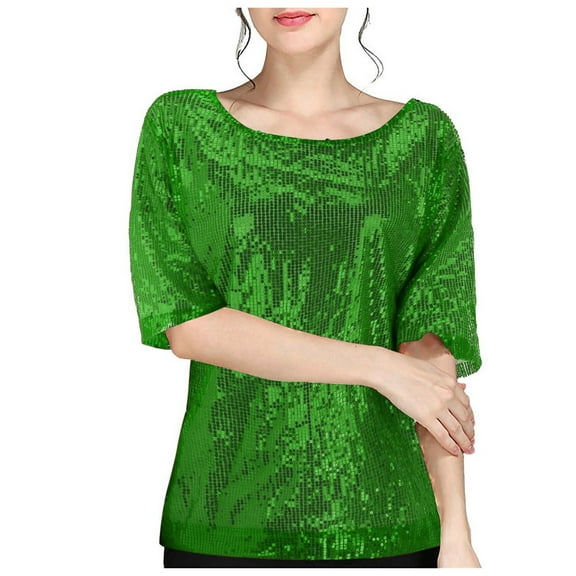 TYGHBN Women's Casual Solid Color Sequin Round Neck Short Sleeve T Shirt Top Long Women T Shirt Women Summer Top Clothes Hide Tummy Cute Workout T Shirts Jr Fall Fashion Big Shirt Athletic Shirts