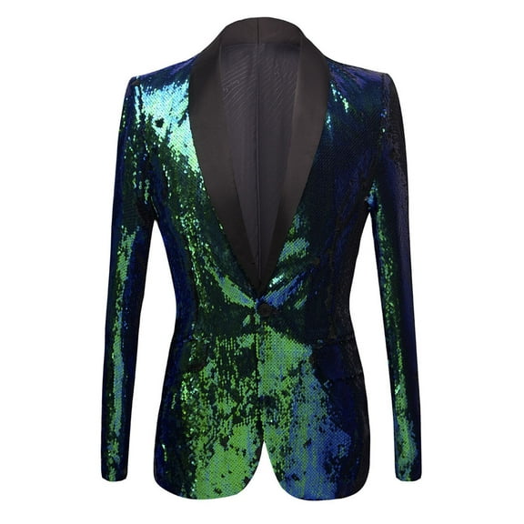 KHONTS Men's Sequins Velvet Shawl Lapels Stage Party Prom Wedding Dinner Suit Jacket Blazer Green XS