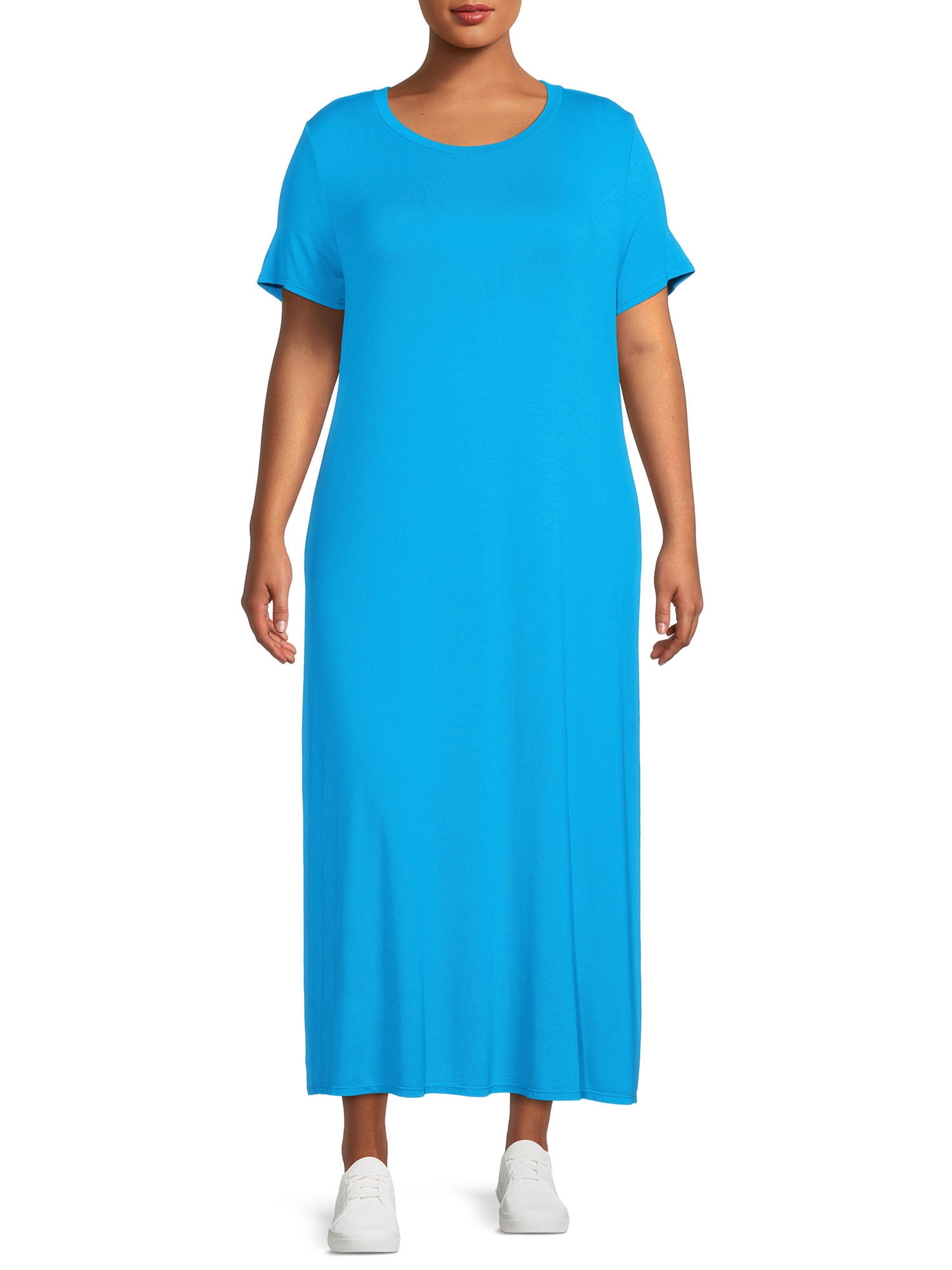 New Womens Plus Size Plain Long Jersey Scoop Neck Maxi Dress S-1X