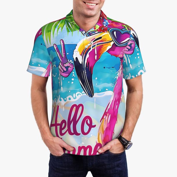 Balery Tropical Flamingo Summer Camisa Polo de Hombre con Estampado, de Manga Corta y Tejido Medio, Camisa Tipo Golf Polo-Small