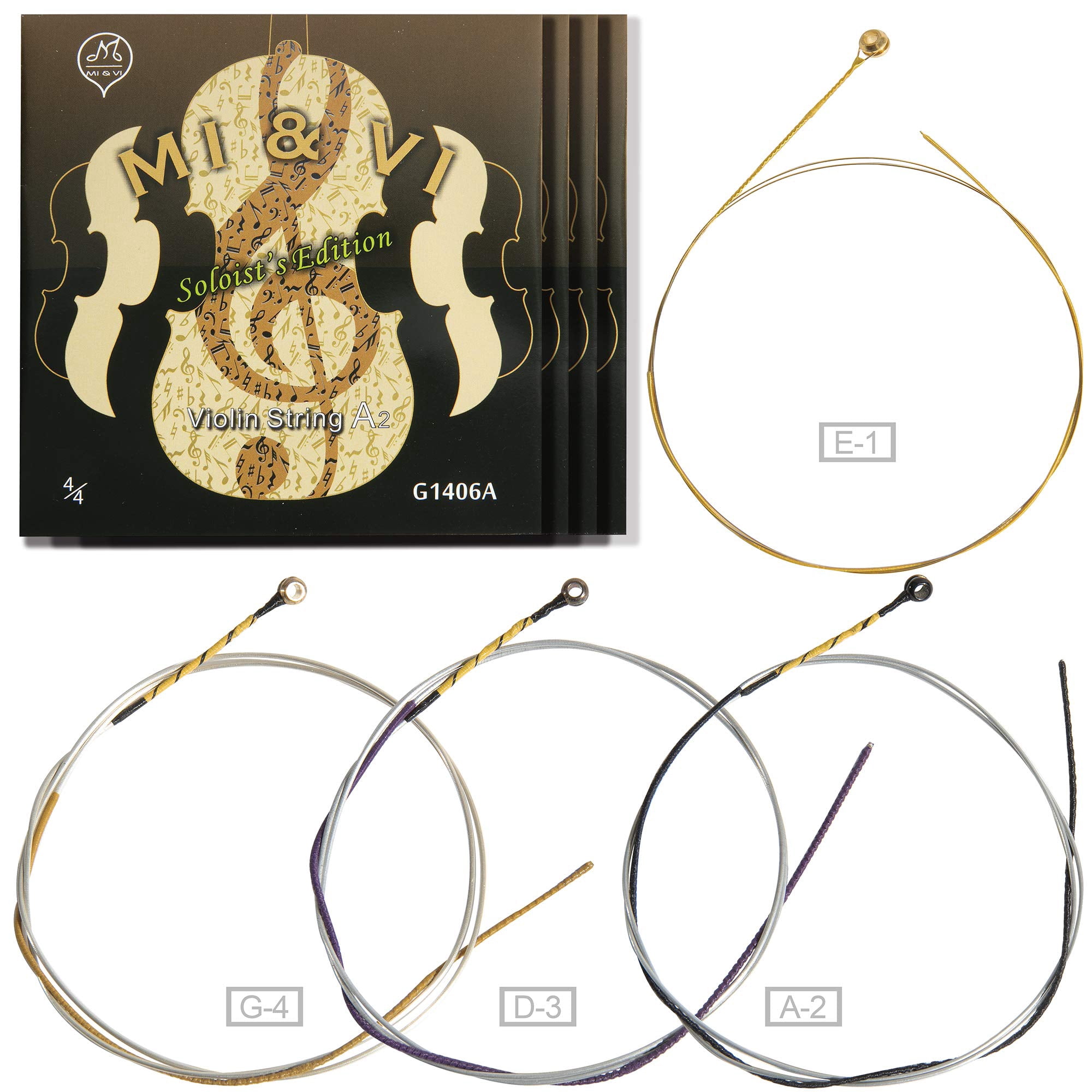 MI&VI SOLOIST’S Violin Strings — 4/4 Scale Full Set (G-D-A-E) with Golden E-String | Synthetic Core | Ball-End | Medium Gauge Tension - By MIVI Music