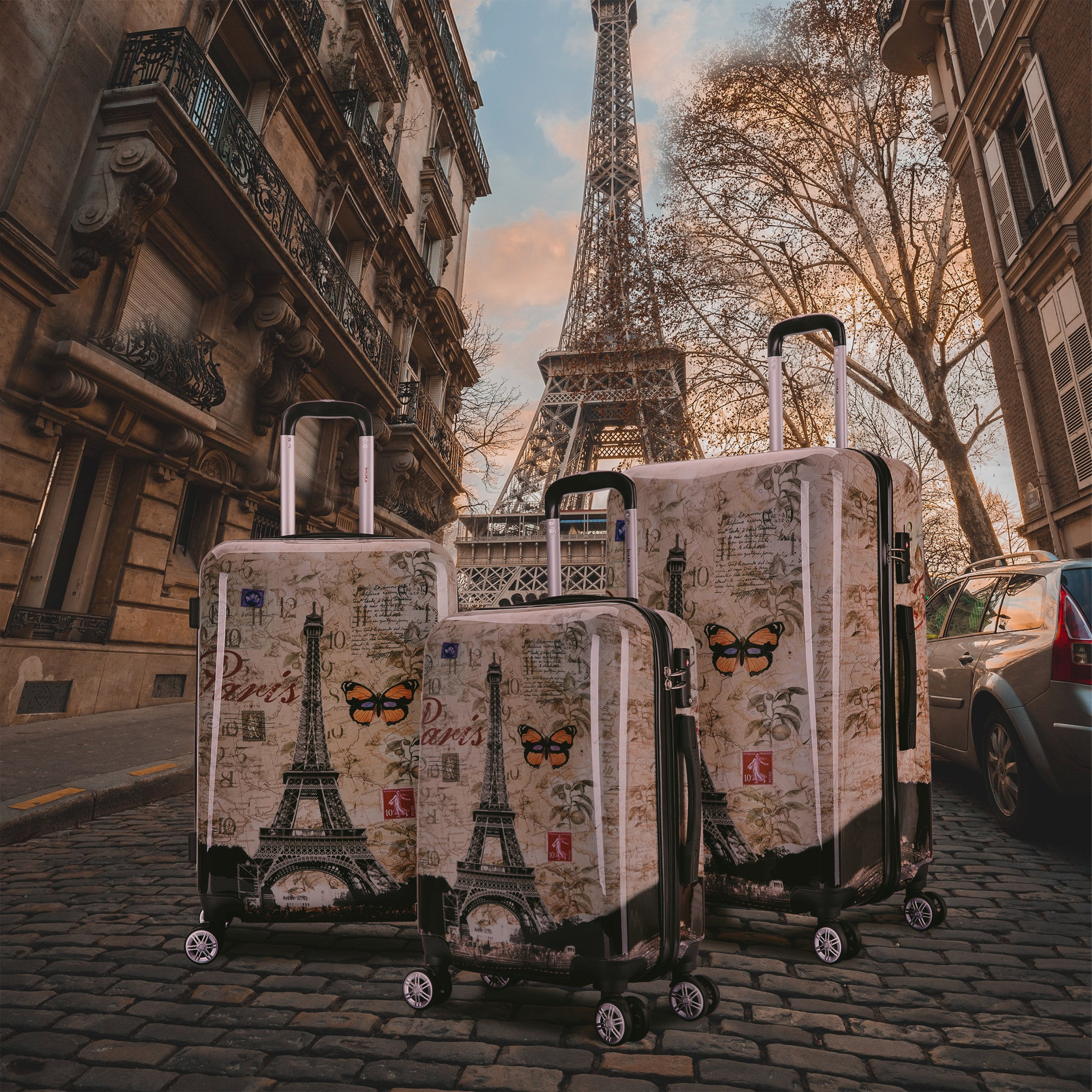 InUSA Print 3-Piece Hardside Luggage Sets with Spinner Wheels, Handle, Trolley, (20"/24"/28"), Paris