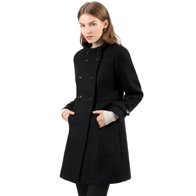 Abrigo De Invierno Con Bolsillos Inclinados Con Doble Botonadura Y Cuello Alto Para Mujer Negro XL
