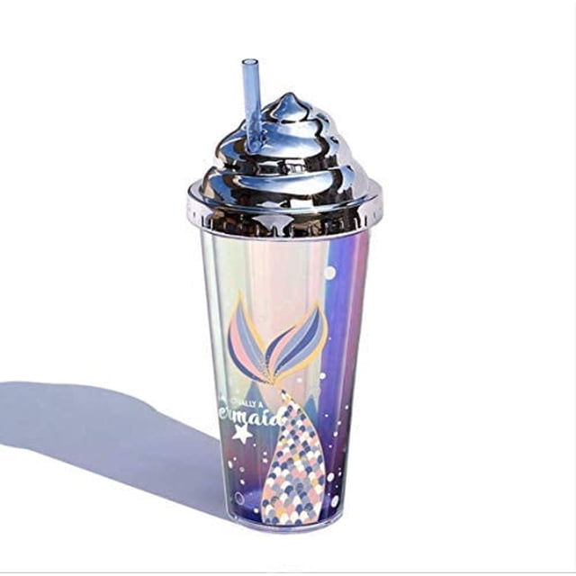Mermaid Gobelets en Plastique Réutilisables à Double Paroi 14 oz avec Couvercles Crème et Paille, Queue vers le Bas