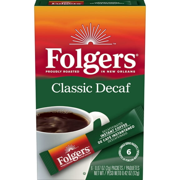 Folgers Classic Decaf Instant Coffee Crystals Packets, 6 Count