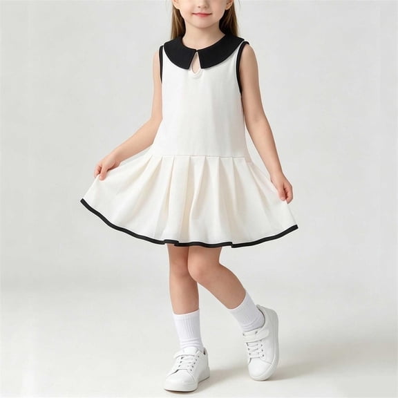 Zpanxa Girls Summer Dress Girl's Preppy College Dress Solid Lapel Sleeveless Round Neck Casual Dresses White 9 Years