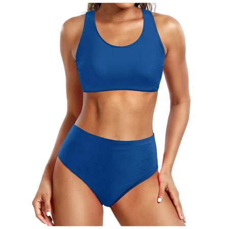 JIANJIA Swim Suits for Women Summer Solid Color Strappy Sexy Push Up Bra And Panty Set Vintage Sports Two Piece Tankinis Swimwears Holiday Wear Blue L