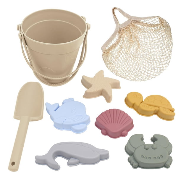 Set de playa de viaje con juguetes de arena y silicona para niños y niñas, ideal para viajes y vacaciones. Blanco beige