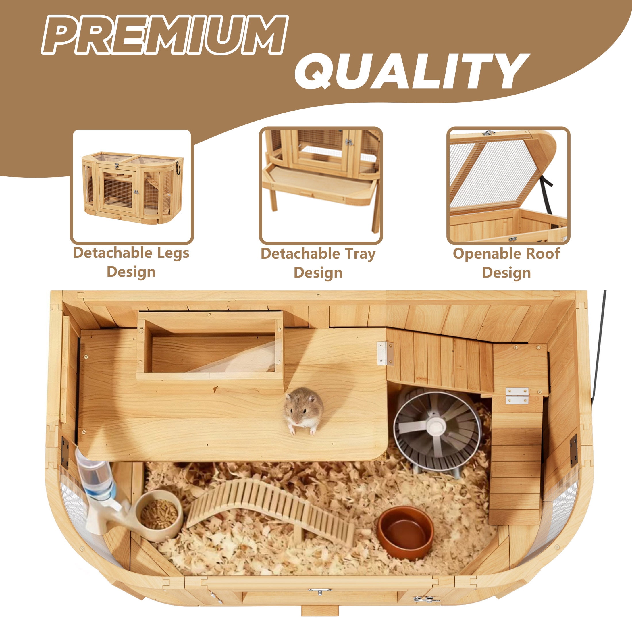 Large Wooden Hamster Cage with Openable Top,Chew Proof Hamsters Enclosure with Detachable Leg Design and Tray,Natural