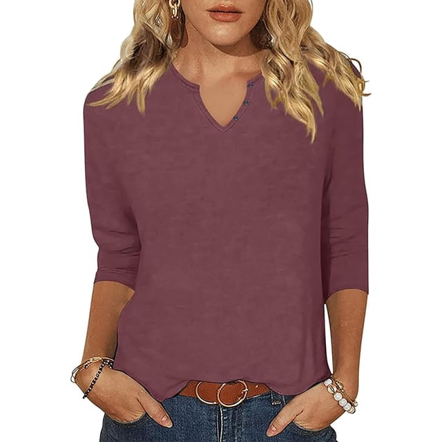 T-shirts pour Femmes Couleur Unie Décontracté Bouton Manches Trois-Quarts Haut Court T-Shirt Femmes Chemises Marron TG