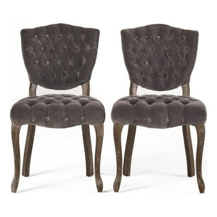 Jette Dining Chair Set of 2- Charcoal Gray Tufted Velvet- Brown Wood