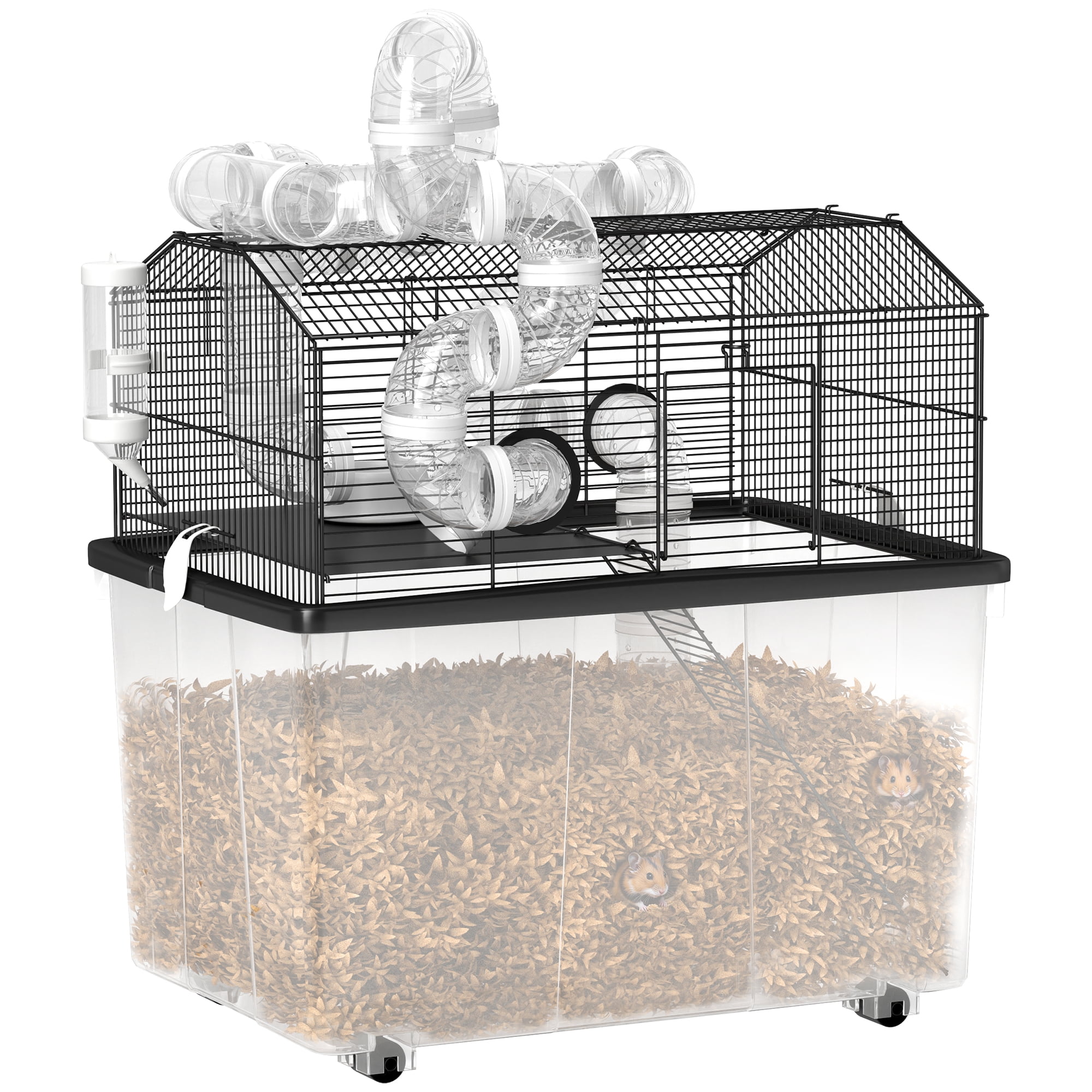 PawHut Hamster Cage with 12" Deep Tray, 2 Tier Gerbil Cage with Tube System, Water Bottle, Ramp, Feeding Bowl, 23" x 17" x 22", Black