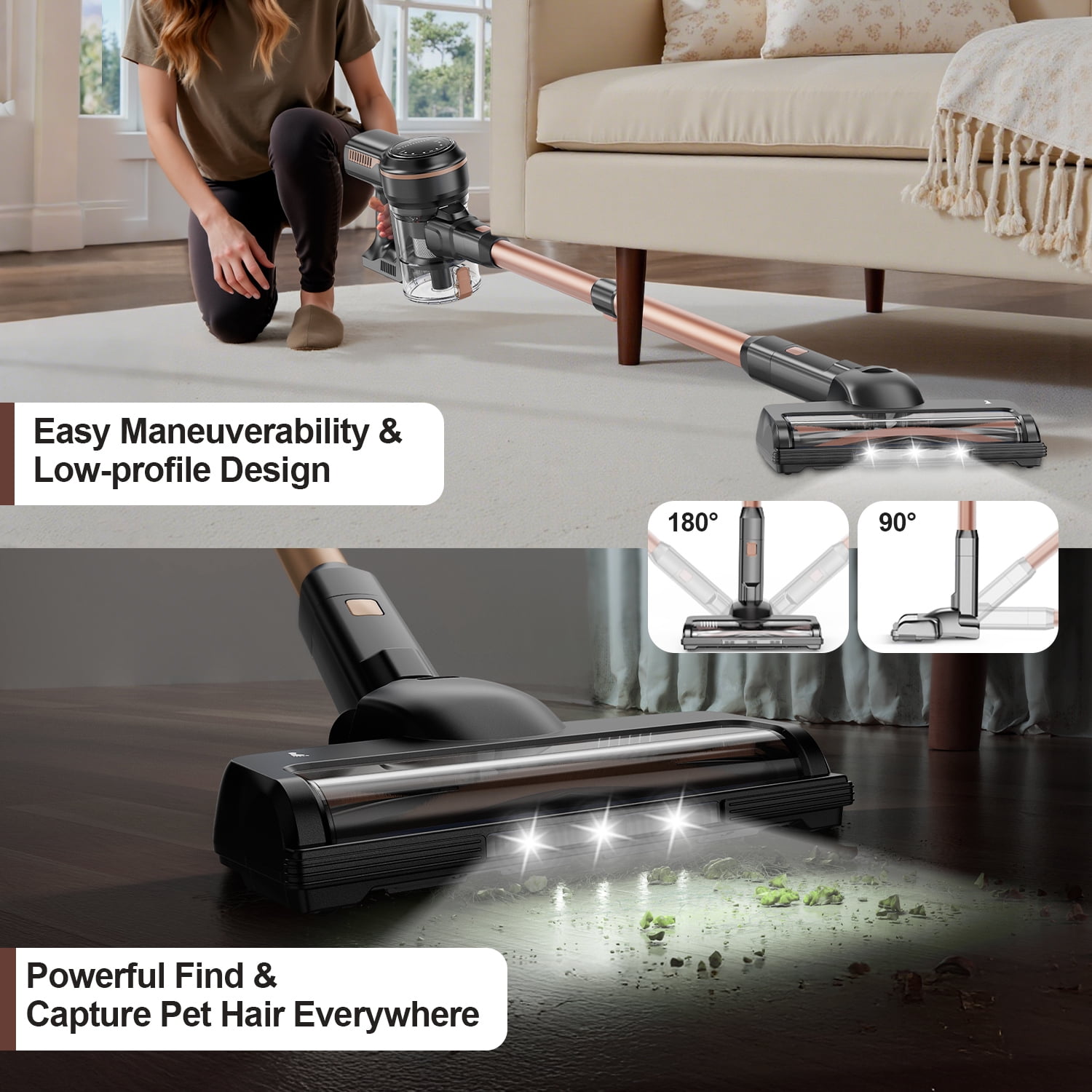 INSE 32Kpa Cordless Vacuum Cleaner with Brushless Motor, 6 in 1 Stick Vacuum Lightweight for Hard Floor Carpet Pet Hair, S7P Gold