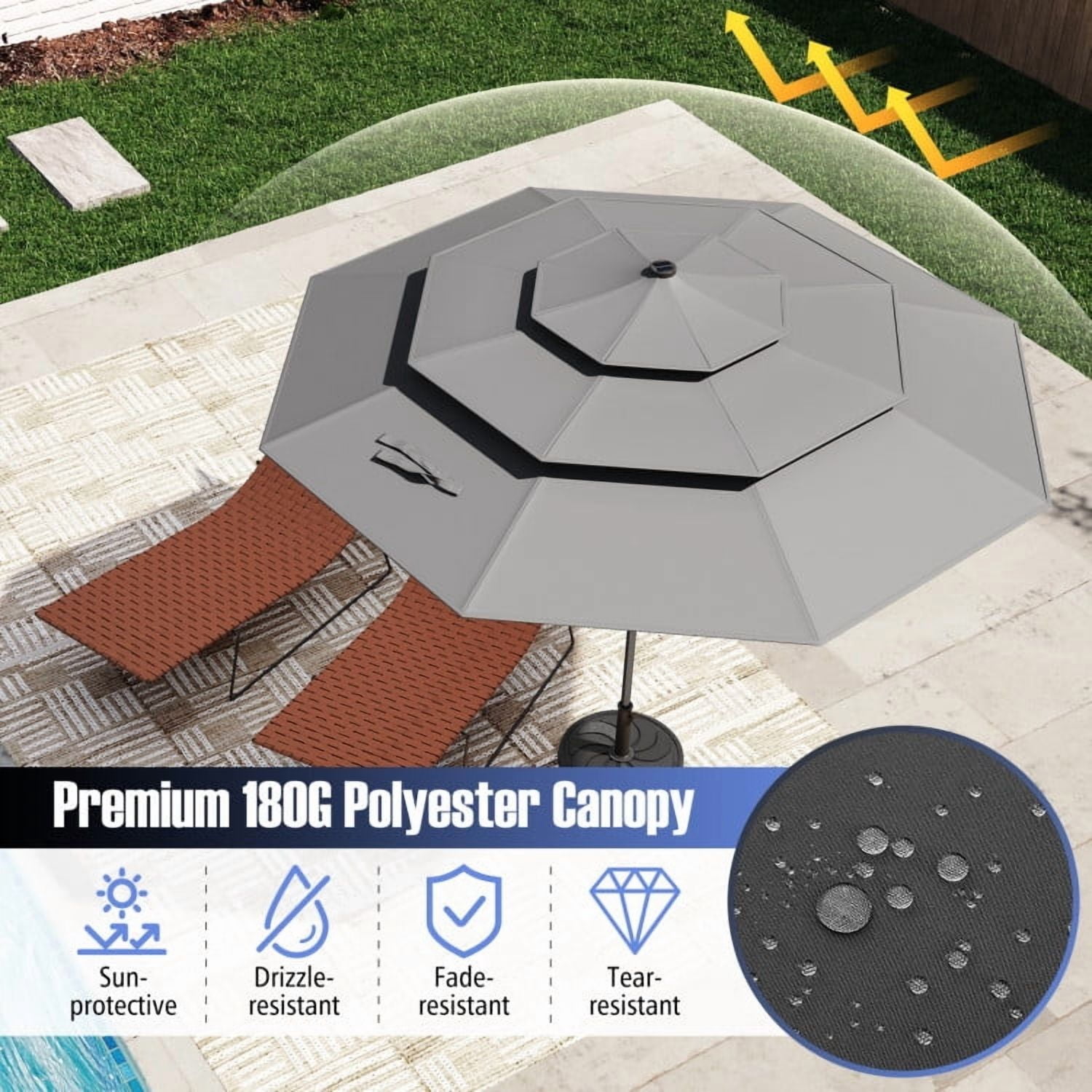 YYAo Outdoor Garden Umbrella,Market Umbrella,10 Feet Solar Patio Umbrella with 32 LED Lights 3-Tier Vented Top-Gray