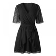 thumbnail image 1 of Women Faux-Wrapped Polka-Dot V-Neck Short-Sleeved High-Waist A-Line Ruffled Hem Plain Belt Short Dress, 1 of 9