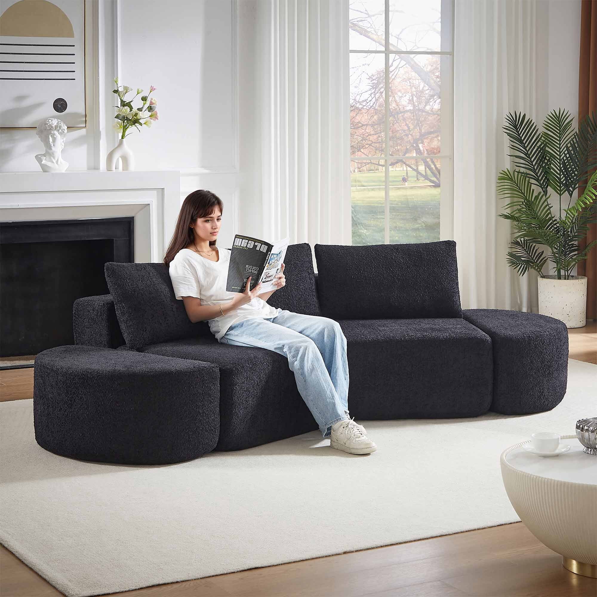 Lunale 106" Oversized Modular Sectional Sofa with 2 Curved Movable Ottomans,Boneless Cloud Couch for Living Room, Black (Left Chaise)