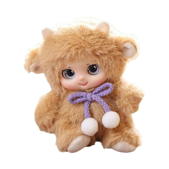 Cute Lamb-Shaped Plush Doll Ornaments Super Deformed Soft Toy with Purple Bow and White Pom-Poms Perfect Birthday Gifts for Girls Desktop Decorations and Collection