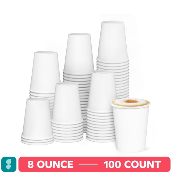 GUSTO 8 oz White Paper Coffee Cups, Disposable Hot Cups for Coffee & Tea, To Go Cups, 100 Count