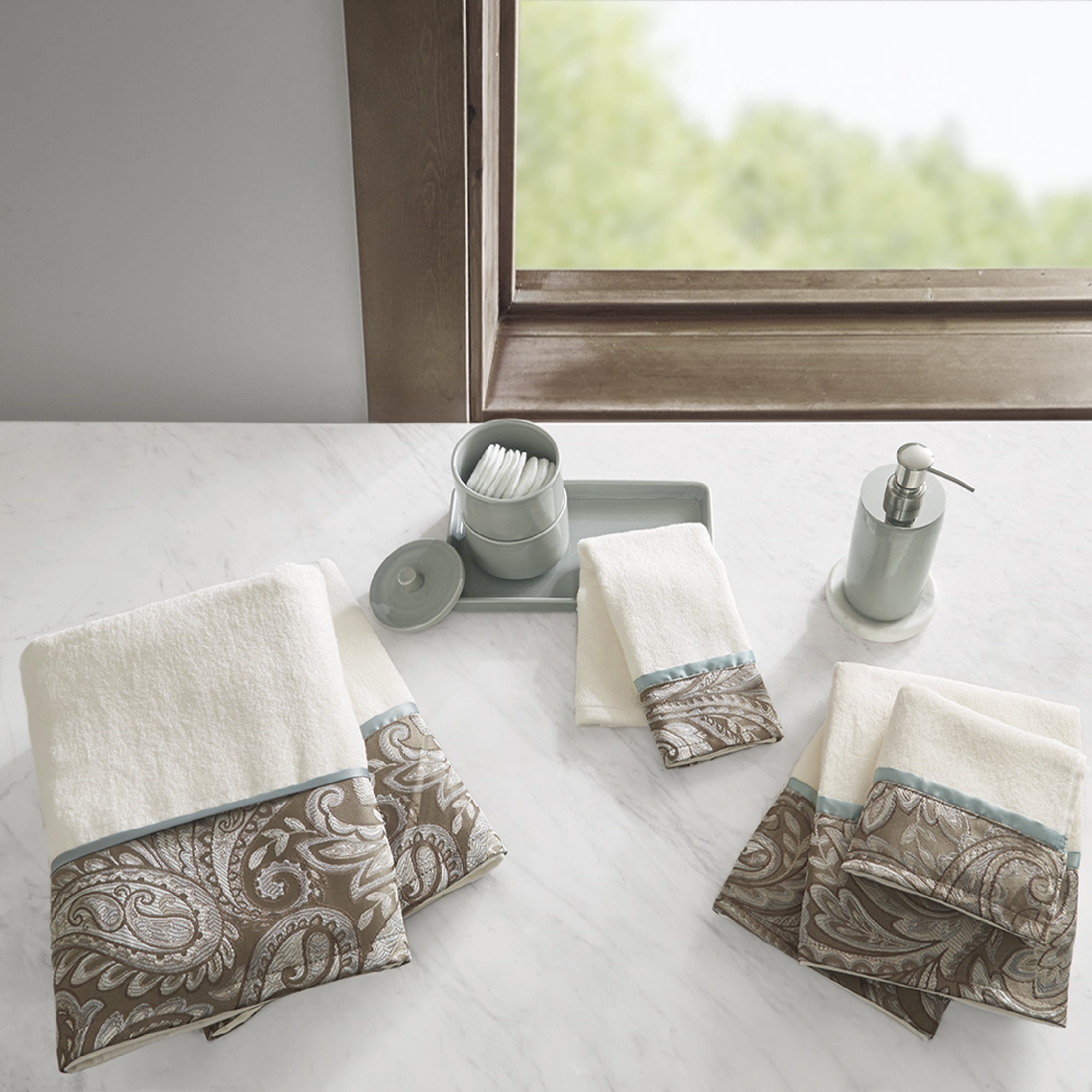 Madison Park Bathroom Towels, Cotton Towel Sets, Super Absorbent, Jacquard, Blue/Brown, 6-Piece