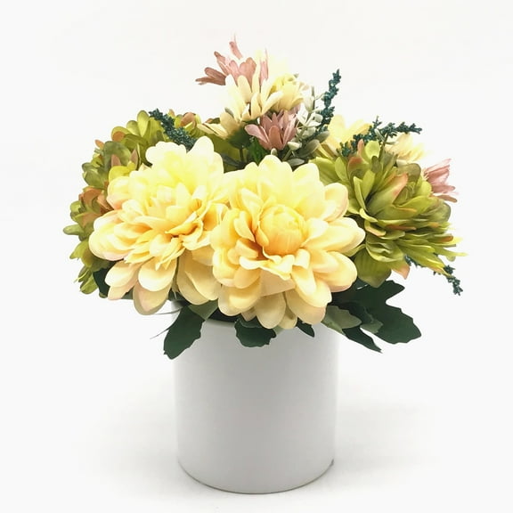 Enova Home Artificial Daisy and Mixed Silk Flowers Arrangement in White Ceramic Vase (Green Yellow)