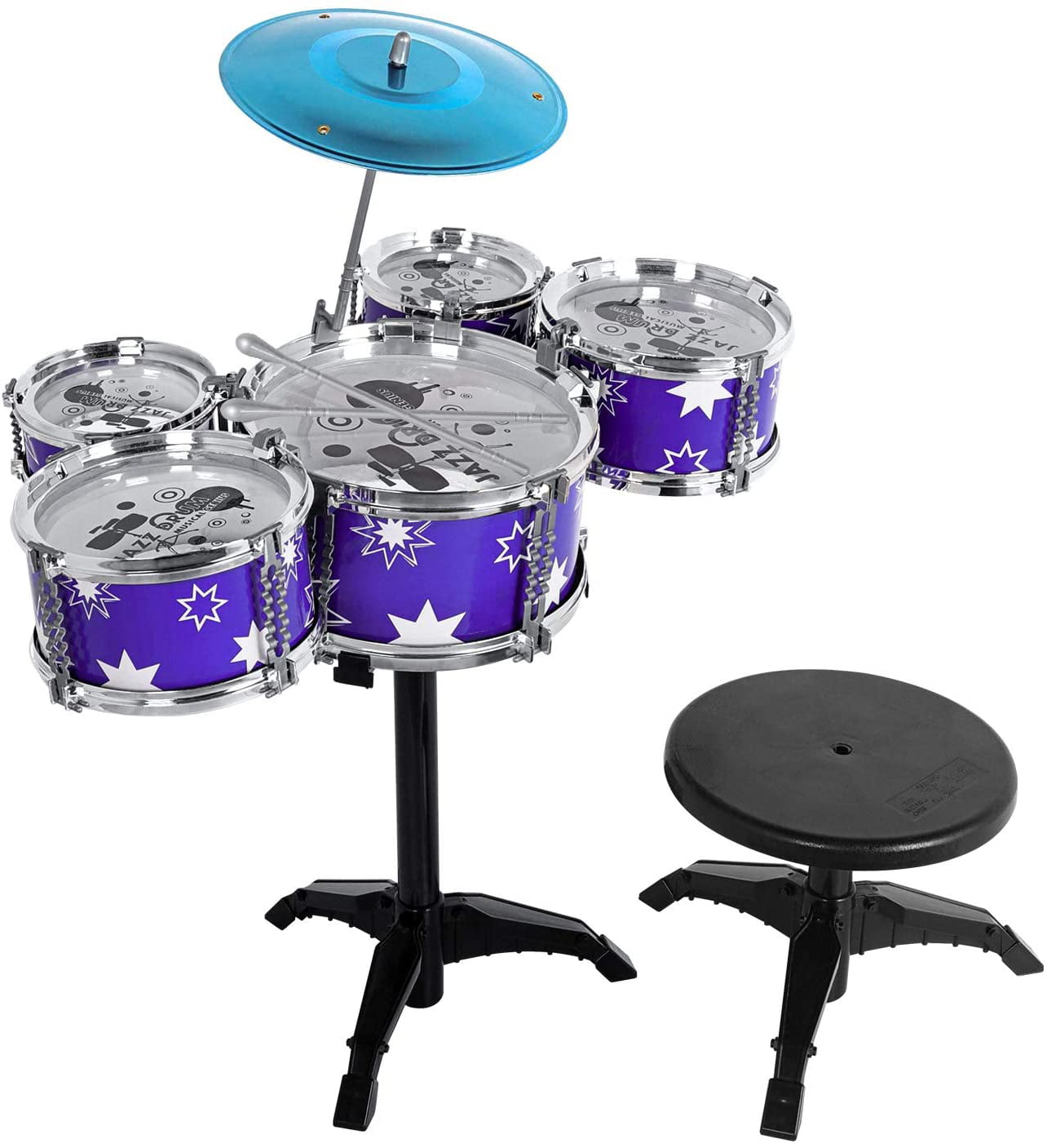 7 Pcs Kids Toys Drum Set Musical Instrument W/ Stool Drumsticks Black Xmas Gift 