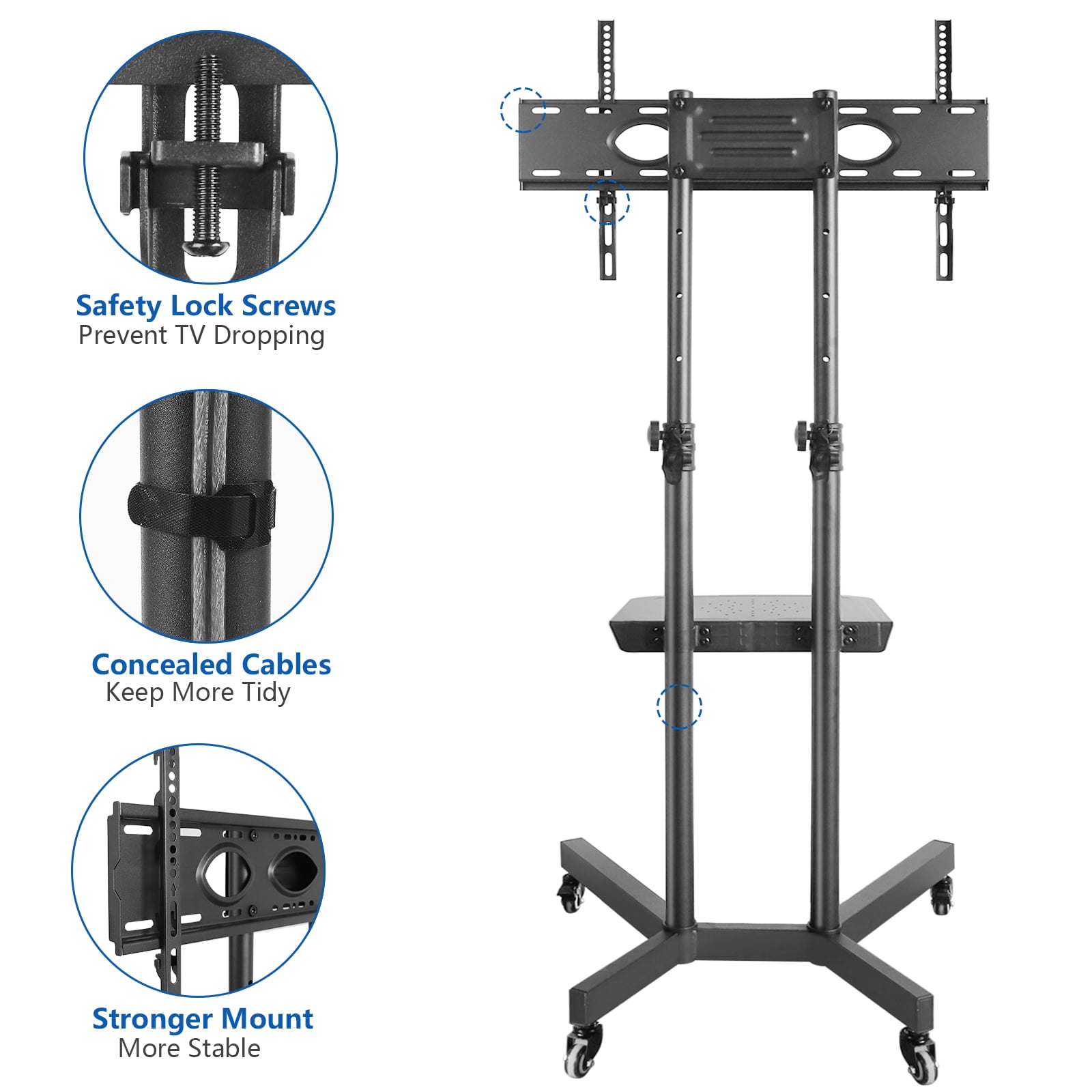 Mobile TV Stand for 40 to 75 Inch Flat Panel TVs, Black Rolling TV Cart
