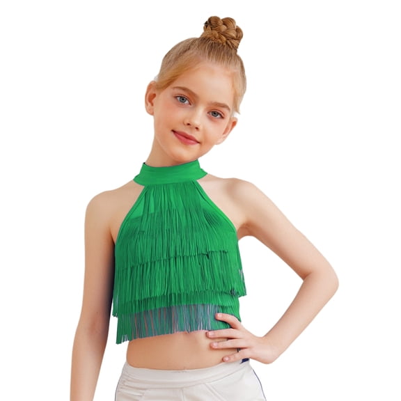Hansber Kids Girls Latin Dance Tops Sleeveless Halter Mock Neck Fringe Tiered Tassels Crop Tops Dancewear Green 6