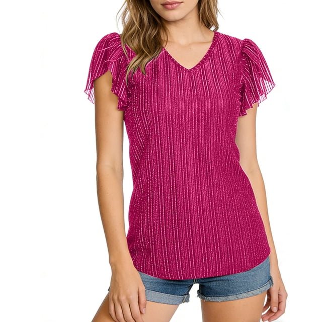 Craaazy Womens Plus Size Shimmer V Neck T-Shirt with Ruffle Flutter Sleeves Solid Color Top for Casual Occasions