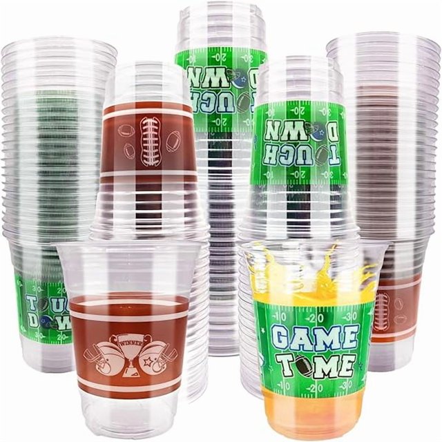 wonima02 100Pcs 16oz Football Plastic Cups Football Party Decorations Football Party Cups Disposable Clear Plastic Football Cups for Tailgate Events Football Birthday Party Supplies, 9, Green