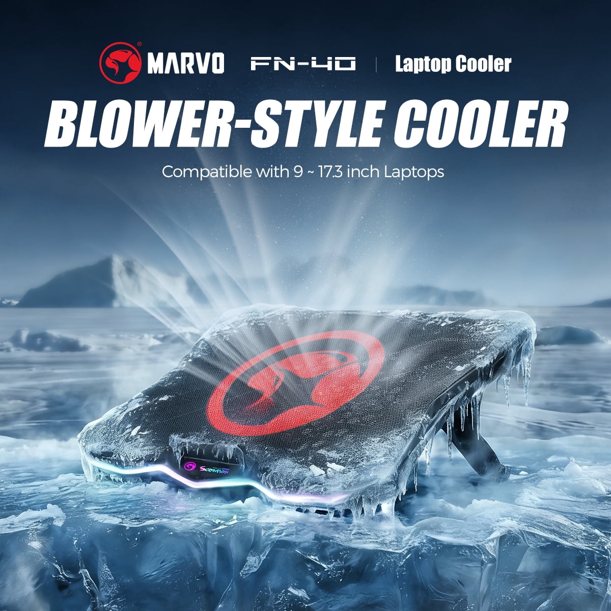 MARVO FN-40 Quiet Laptop Cooling Pad with Fan - 6.5-45° Ergonomic Angle, 100000H Durable Fan, Dual USB, Rgb Light, Compatible with 9-17.3 Inch Laptops for Gaming/Movies