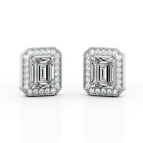 JeenMata 2.15 Carat Emerald Cut Moissanite - Milgrain Halo Channel - Prong Bezel Set Stud Earrings - 18K White Gold Plating over Silver