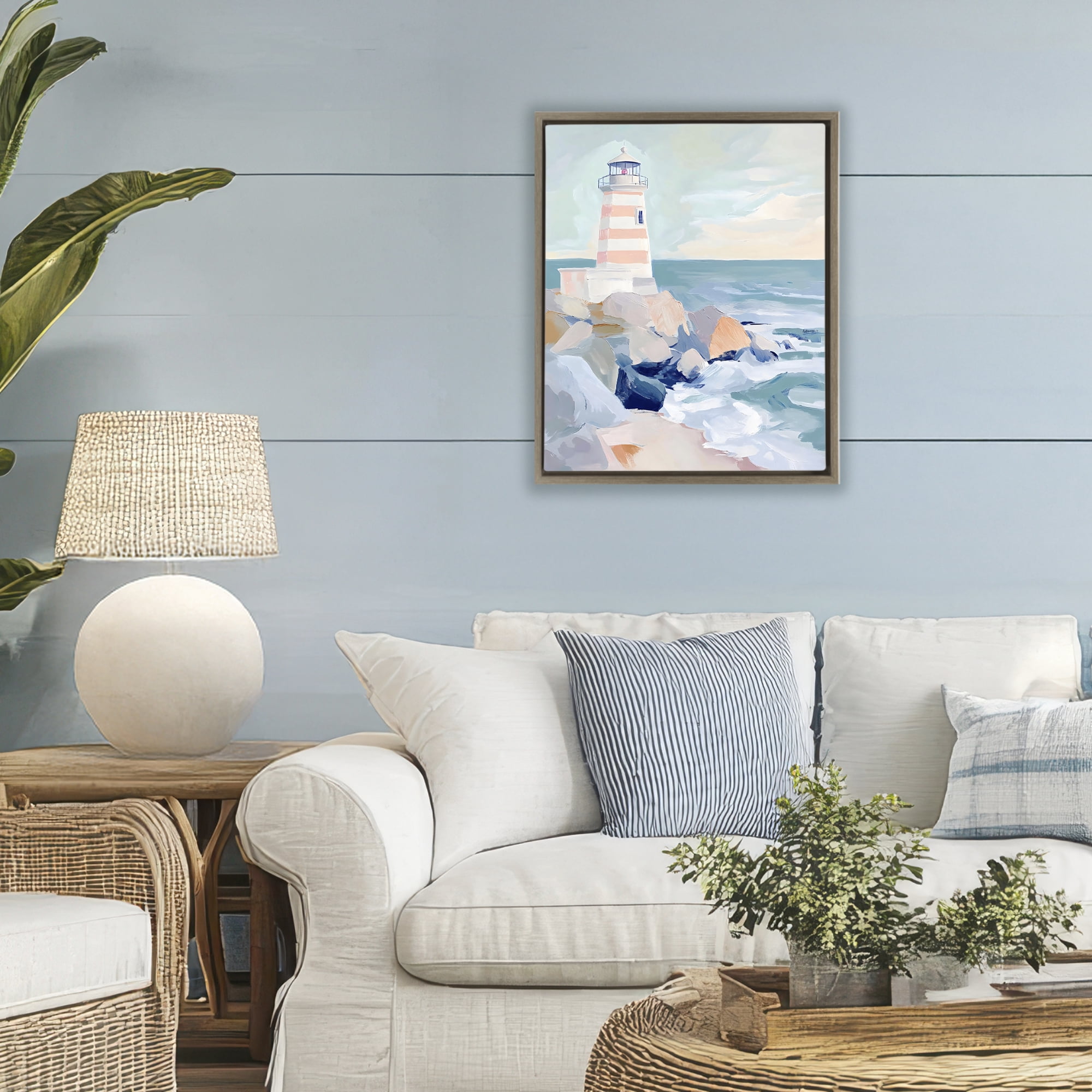 Stupell Industries Coastal Lighthouse in Pastels Brown Framed Floater Canvas Wall Art, design by Creative Studio